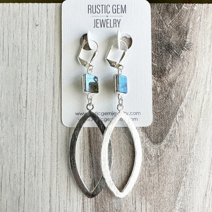 Labradorite Marquise Statement Earrings in Brushed Silver