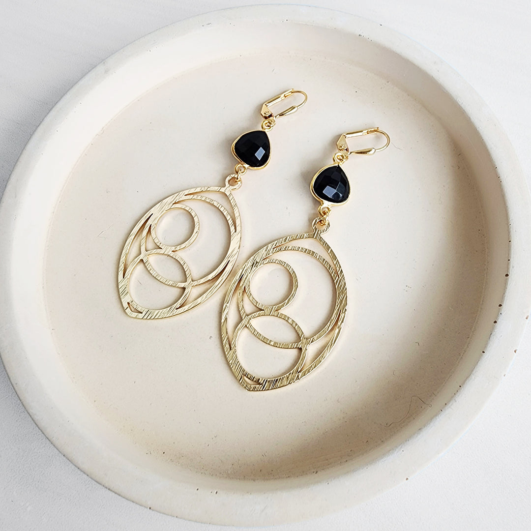 Black Onyx Marquise Circle Shaped Earrings in Brushed Brass Gold