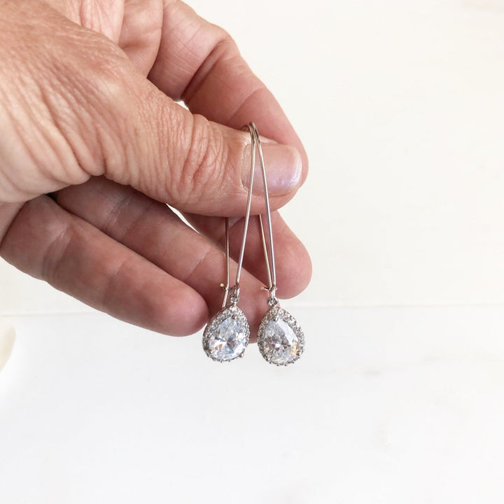 Large Simple Silver Bridal Drop Earrings. Cubic Zirconia Drop Dangle Earrings