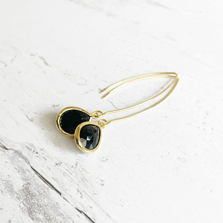 Simple Black Glass Stone Drop Earrings in Gold