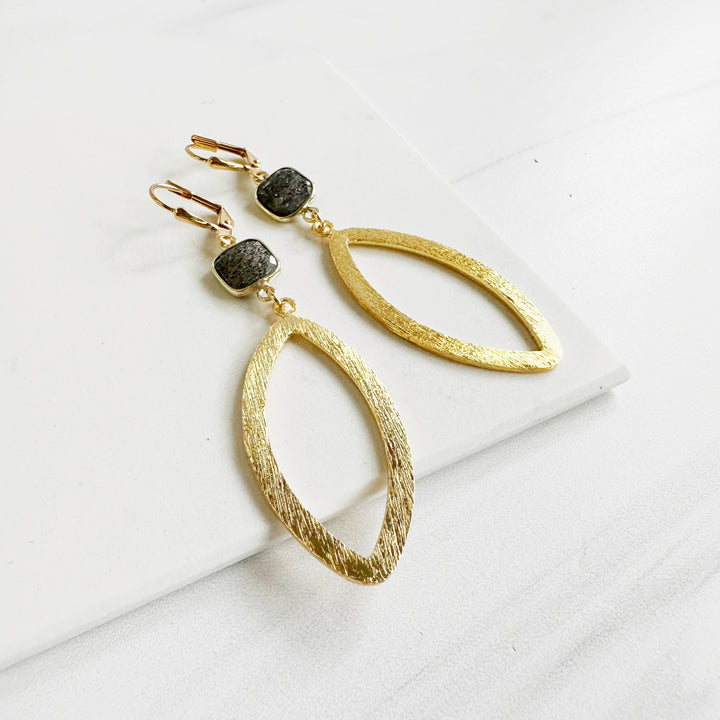 Marquise and Black Sunstone Statement Earrings in Brushed Brass Gold