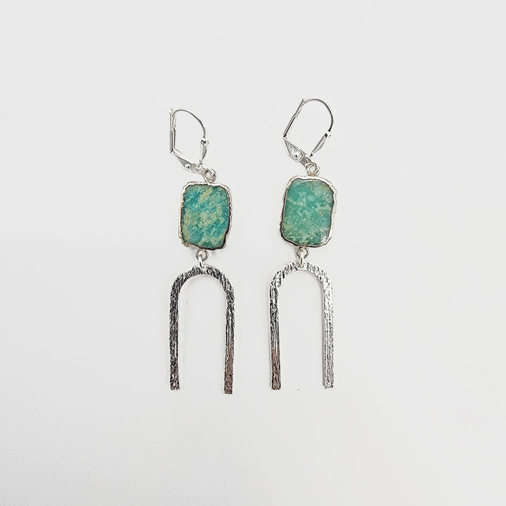 Amazonite Slice Horseshoe Earrings in Brushed Silver