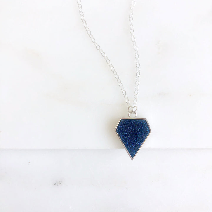 Blue Druzy Shield Necklace in Sterling Silver