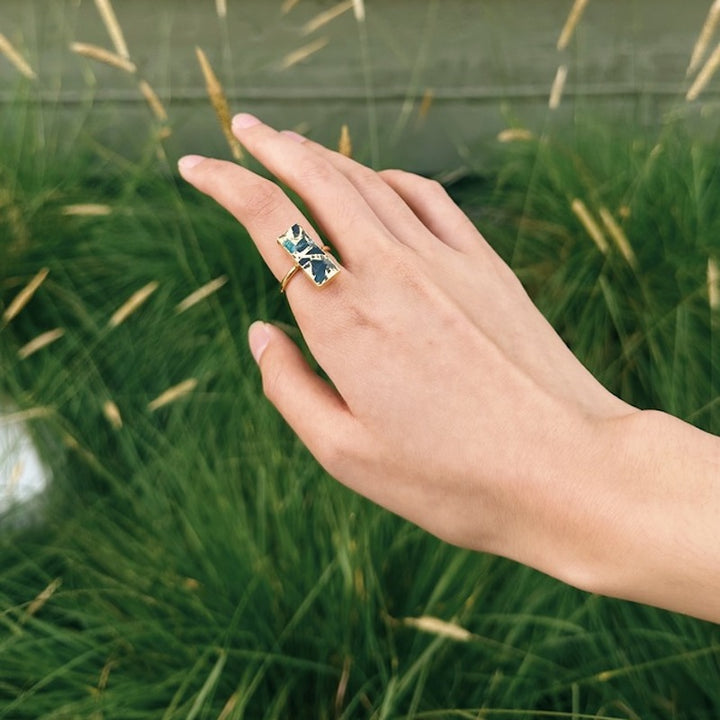 Teal Mojave Rectangle Bar Statement Ring in Gold and Silver