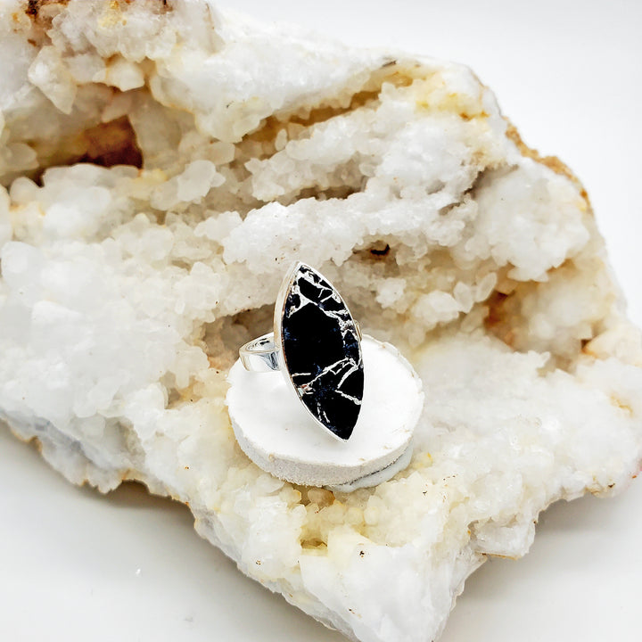 Black Howlite Marquise Cocktail Ring in Silver