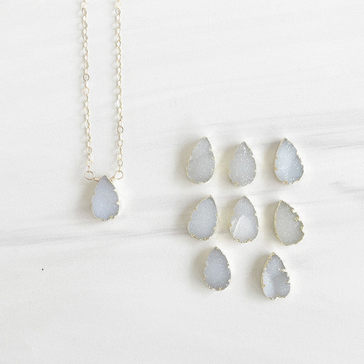 Small Light Grey Druzy Teardrop Necklace in Gold