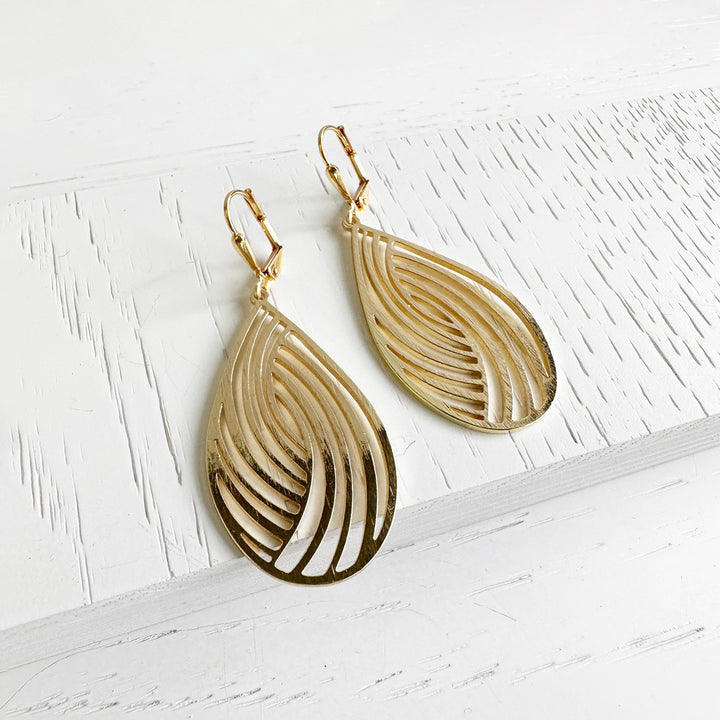 Swirl Teardrop Dangle Earrings in Brushed Brass Gold