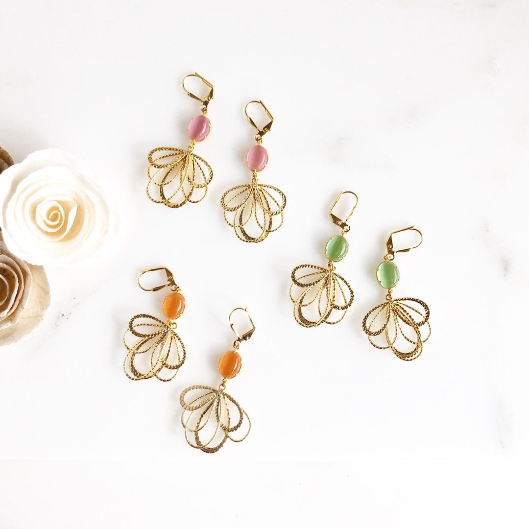 Multipule Teardrop Cat Eyes Stone Earrings in Gold. Multiple Colors. Green Pink Orange Stones.