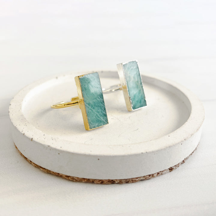Amazonite Rectangle Bar Statement Ring in Gold and Silver