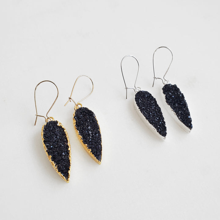 Black Druzy Teardrop Dangle Earrings Gold & Silver