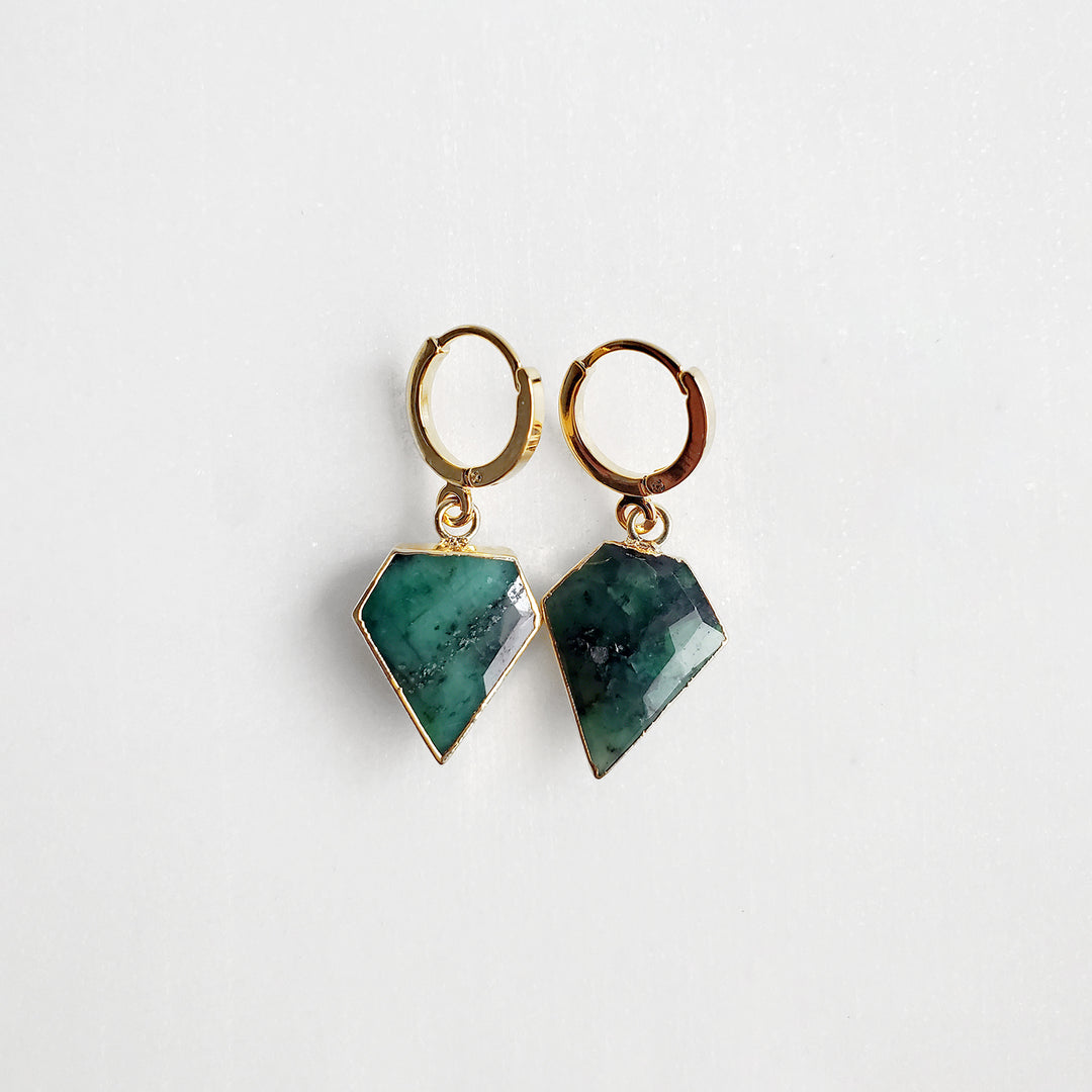 Dainty Emerald Shield Stone Drop Earrings in Gold