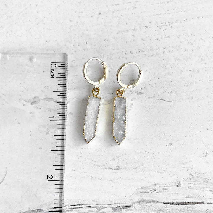 White Druzy Point Hoop Earrings in Gold. Dainty Gold Earrings