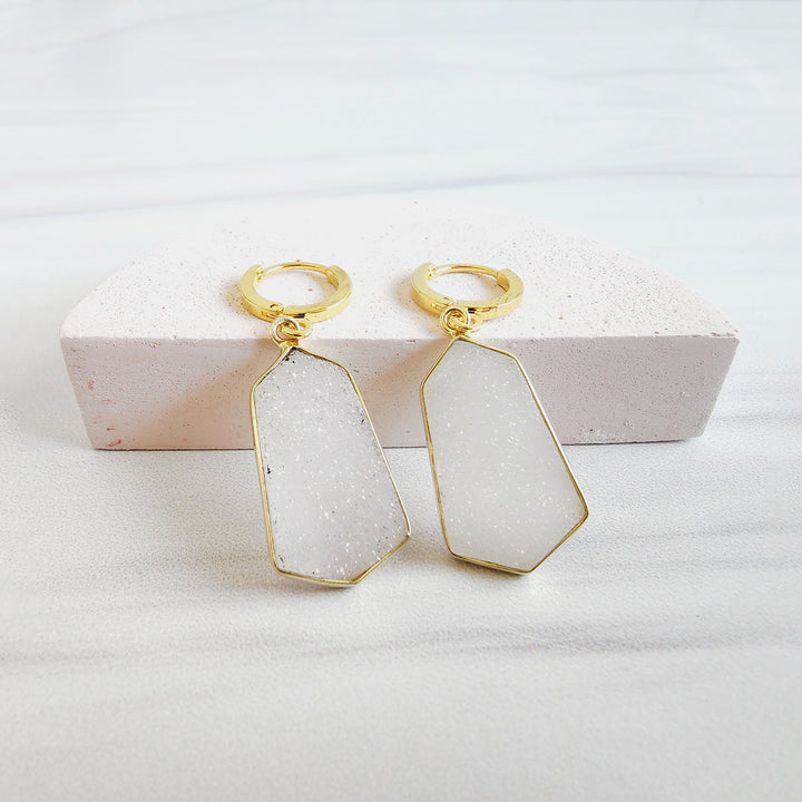 Kite Shaped White Druzy Hoop Earrings in Gold