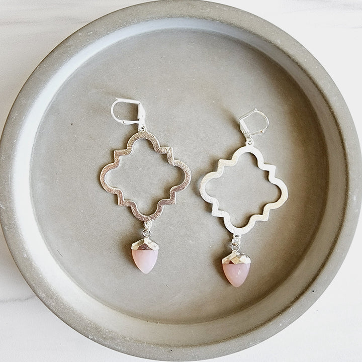 Quatrefoil Fashion Earrings with Shield Shaped Stone in Brushed Silver