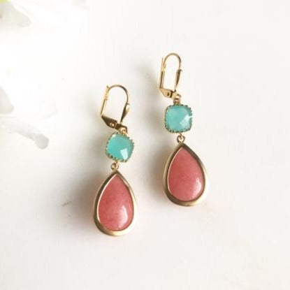 Coral and Aqua Bridesmaid Earrings. Bridal Jewelry