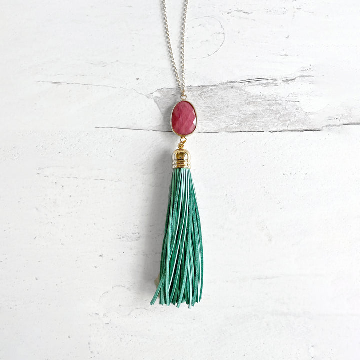 Long Leather Tassel Gemstone Necklace in Gold