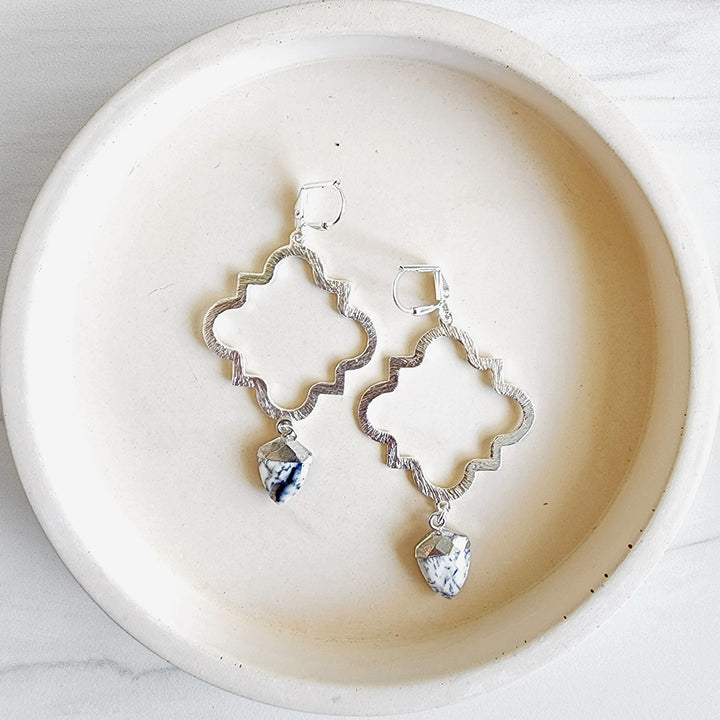 Quatrefoil Fashion Earrings with Shield Shaped Stone in Brushed Silver