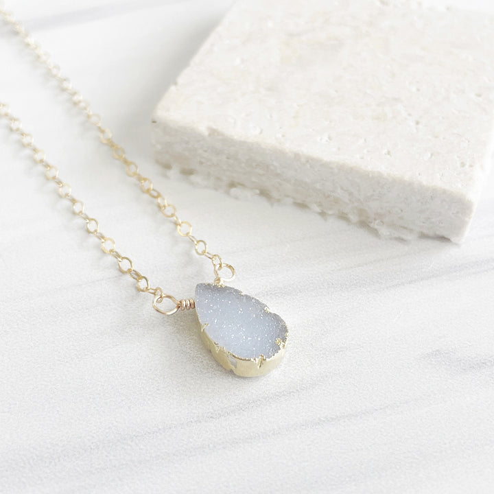 Small Light Grey Druzy Teardrop Necklace in Gold