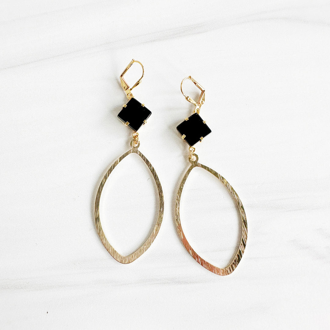 Black Onyx Prong and Marquise Statement Earrings in Brushed Brass Gold