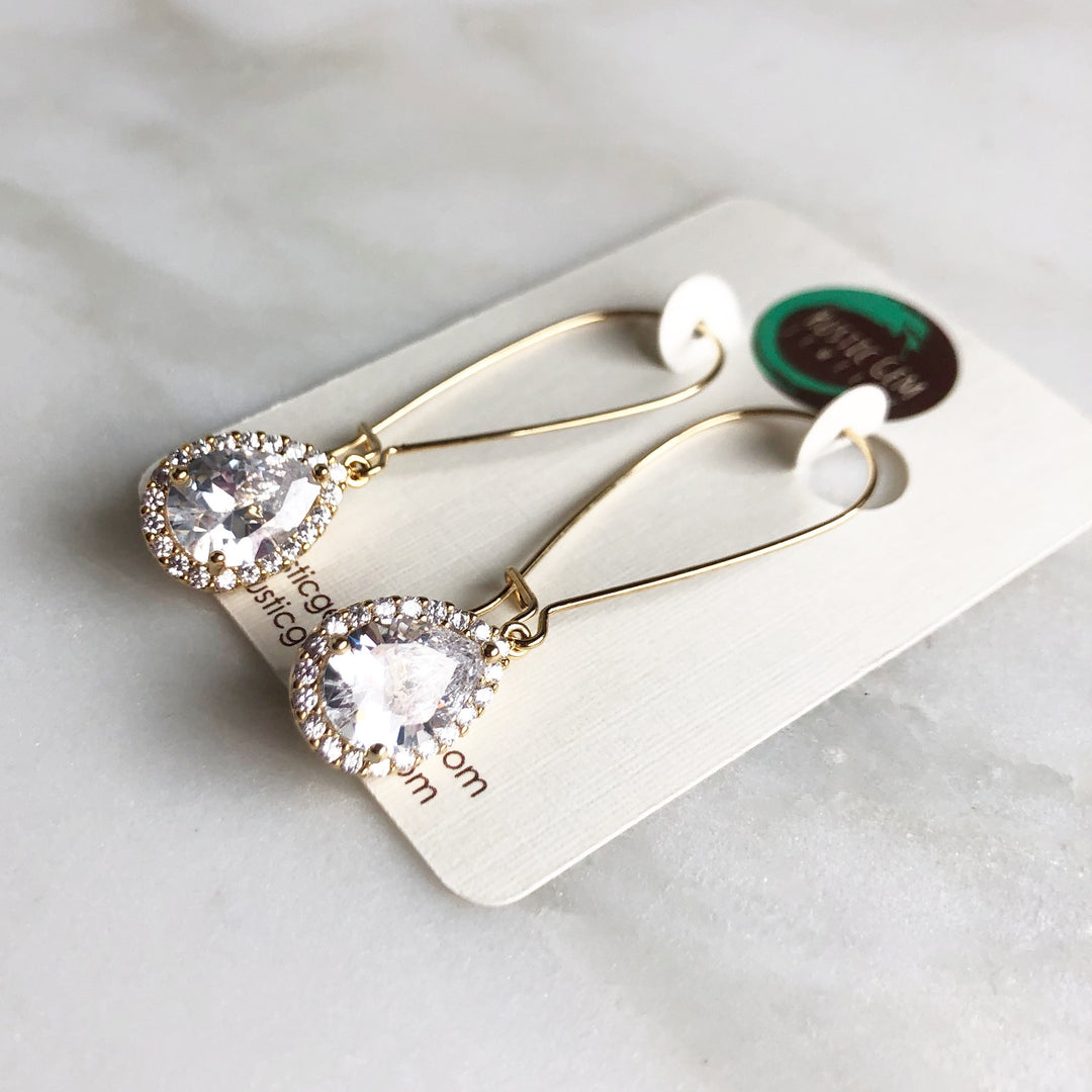 Simple Gold Drop Bridal Earrings. Cubic Zirconia Drop Dangle Earrings in Medium Size