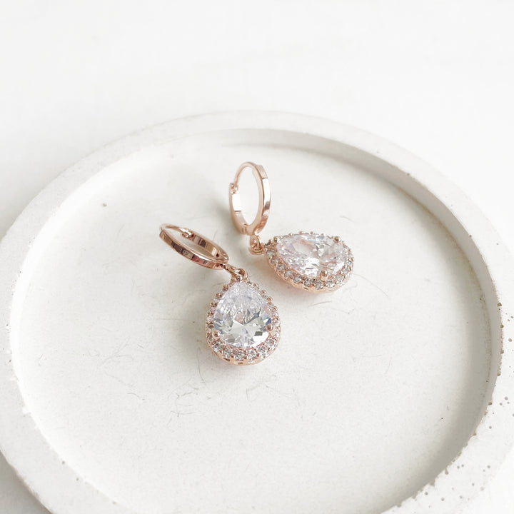 Dainty Rose Gold Bridal Huggie Earrings with Cubic Zirconia