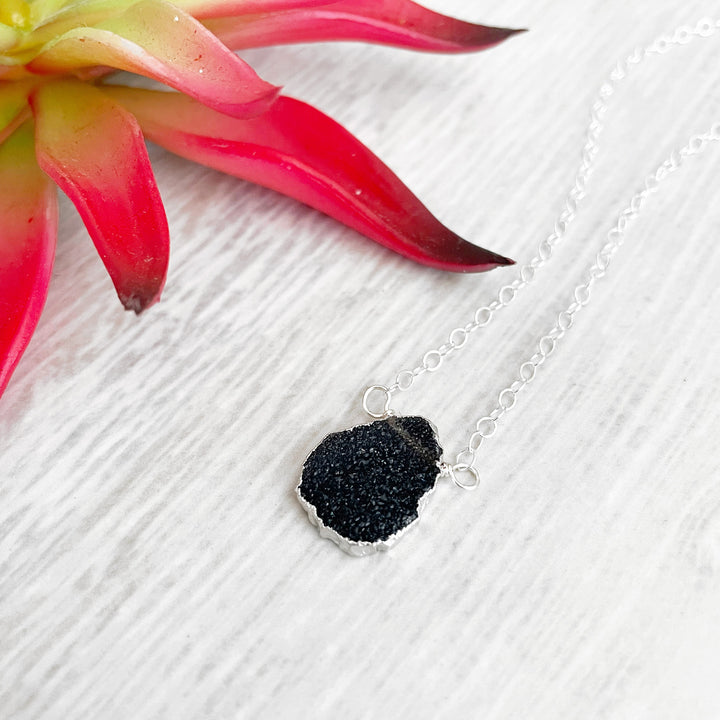 Black Druzy Gemstone Slice Necklace in Sterling Silver