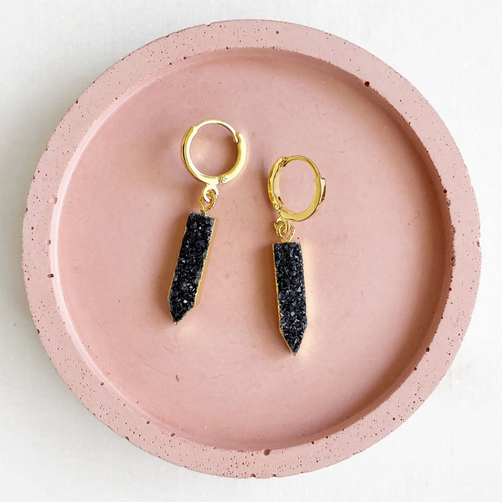 Black Druzy Point Hoop Earrings in Gold and Silver