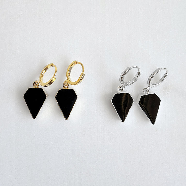 Dainty Black Onyx Diamond Shield Hoop Earrings in Gold & Silver
