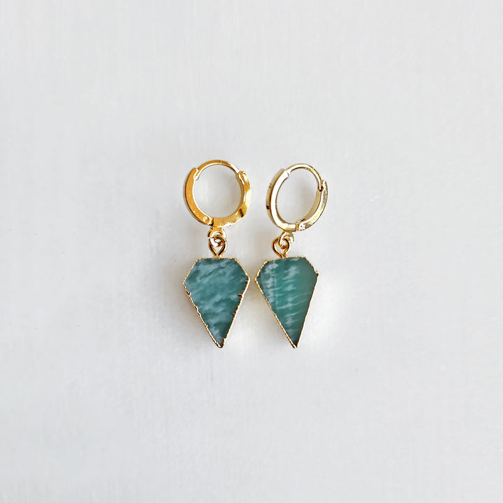 Dainty Amazonite Diamond Shield Dangle Earrings in Gold & Silver. Gemstone Drop Hoop Earrings. Simple Amazonite Earrings