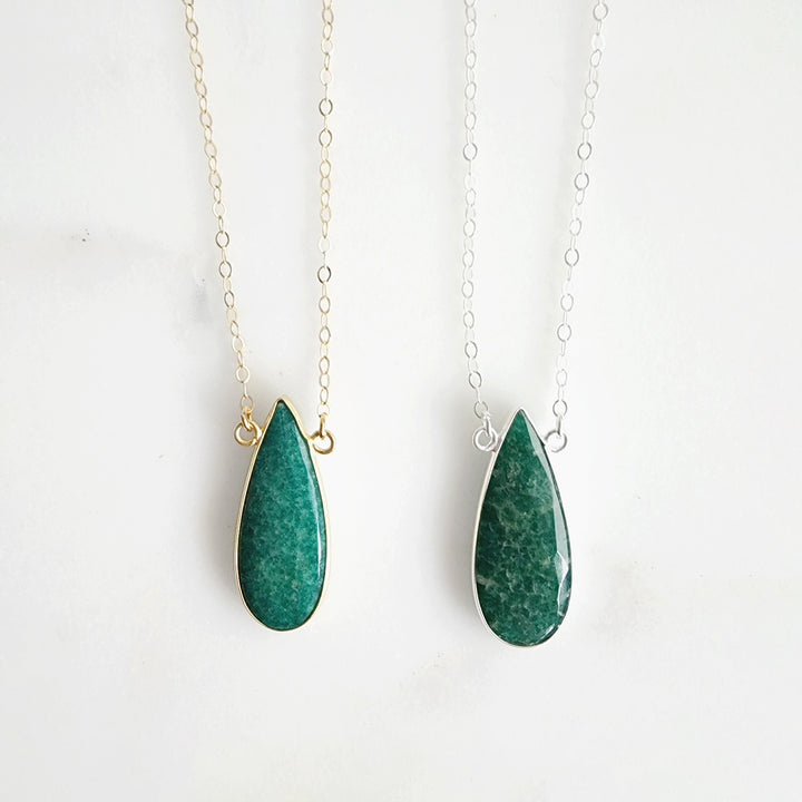 Long Emerald Teardrop Bezel Stone Statement Necklace in Gold and Silver