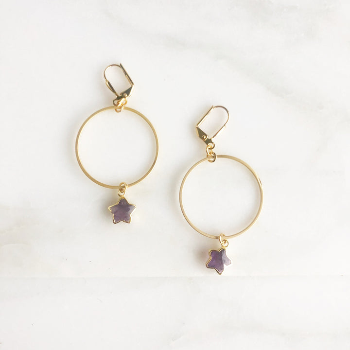 Star Hoop Earrings in Gold. Hoop Dangle Gemstone Earrings