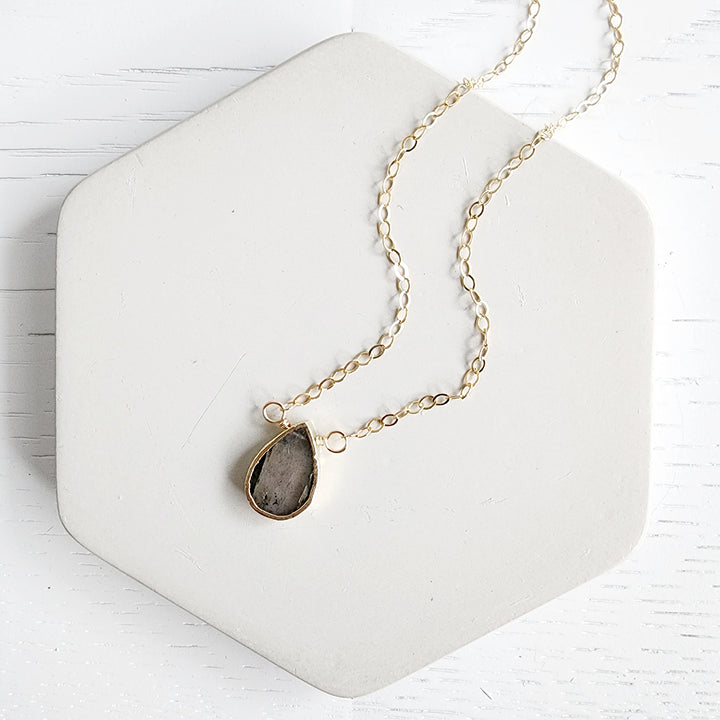 Dainty Smooth Labradorite Teardrop Necklace in Gold