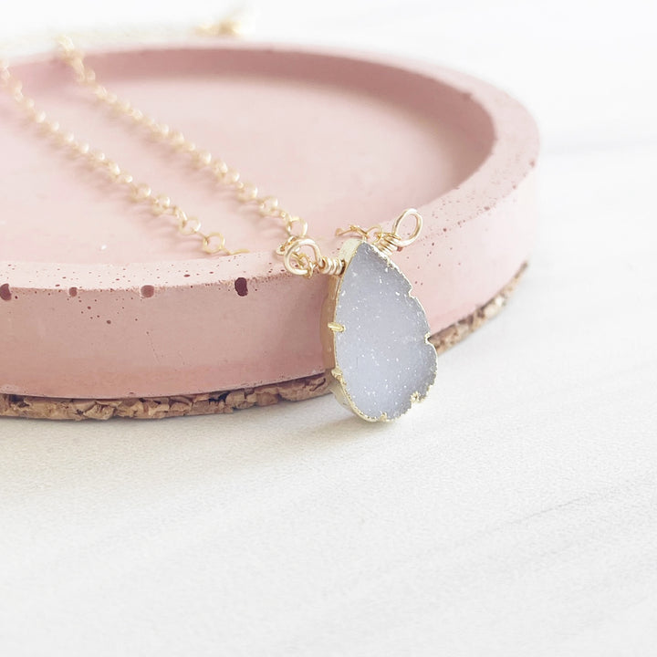 Small Light Grey Druzy Teardrop Necklace in Gold