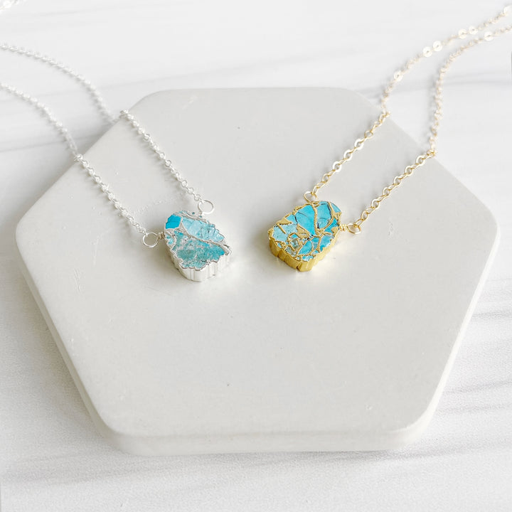 Turquoise Mojave Gemstone Slice Necklace in Gold and Silver