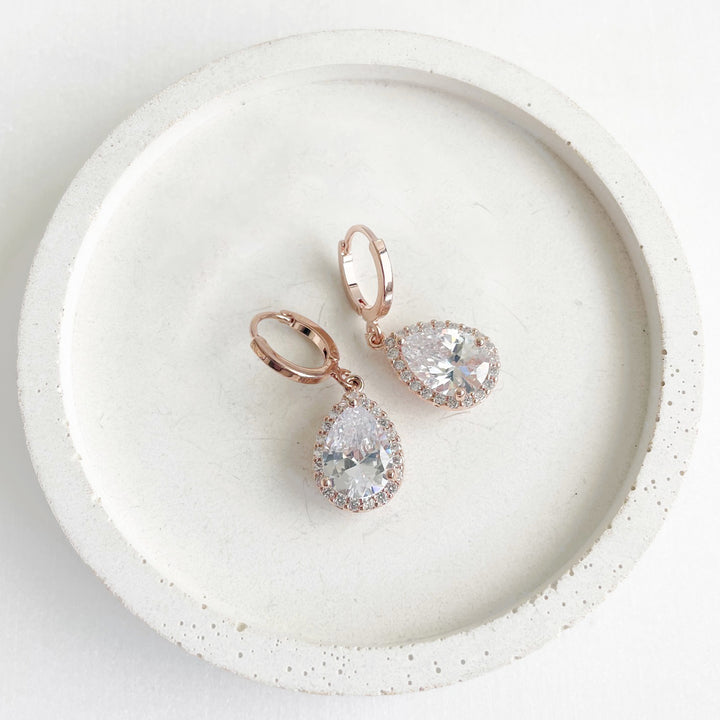 Dainty Rose Gold Bridal Huggie Earrings with Cubic Zirconia