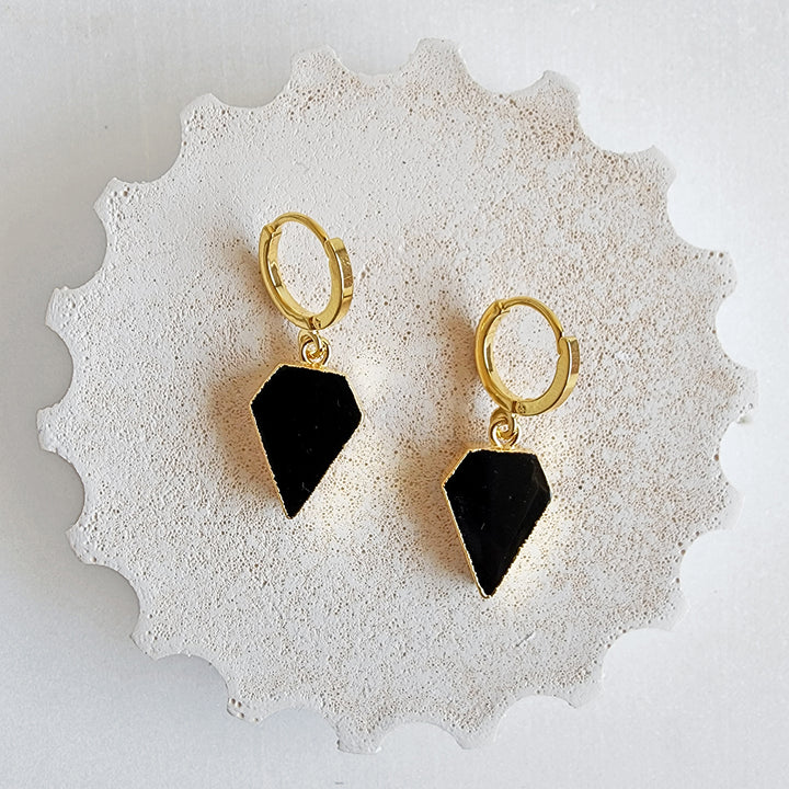Dainty Black Onyx Diamond Shield Hoop Earrings in Gold & Silver