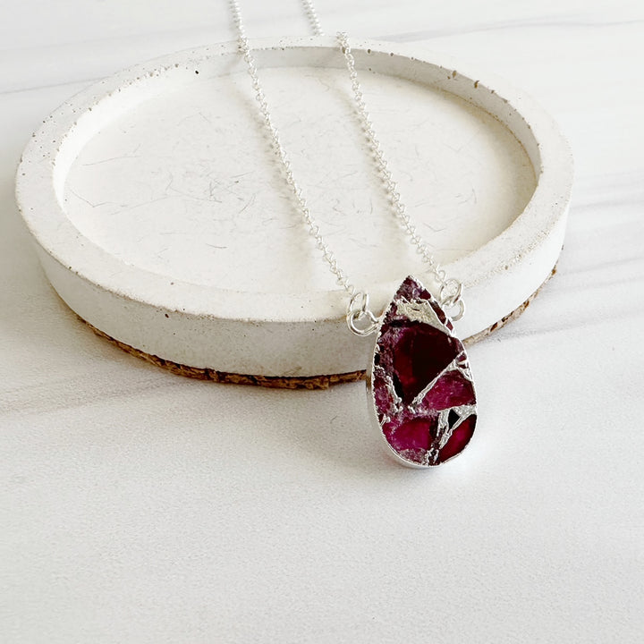 Fuchsia Mojave Teardrop Gemstone Slice Necklace in Gold and Silver
