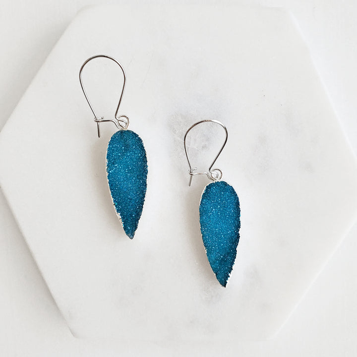 Sky Blue Druzy Teardrop Dangle Earrings Gold & Silver