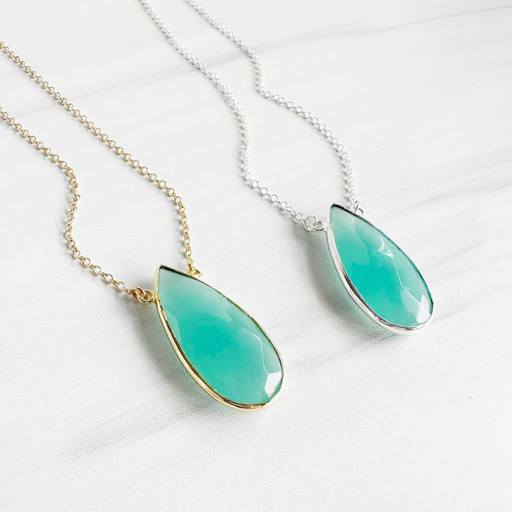 Aqua Chalcedony Bezel Teardrop Necklace in Silver or Gold