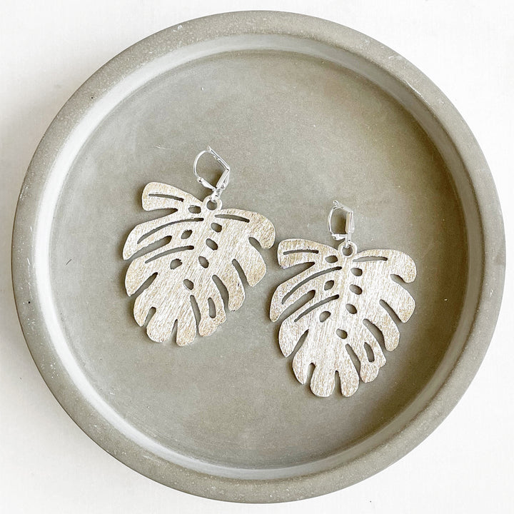 Monstera Dangle Statement Earrings in Brushed Silver