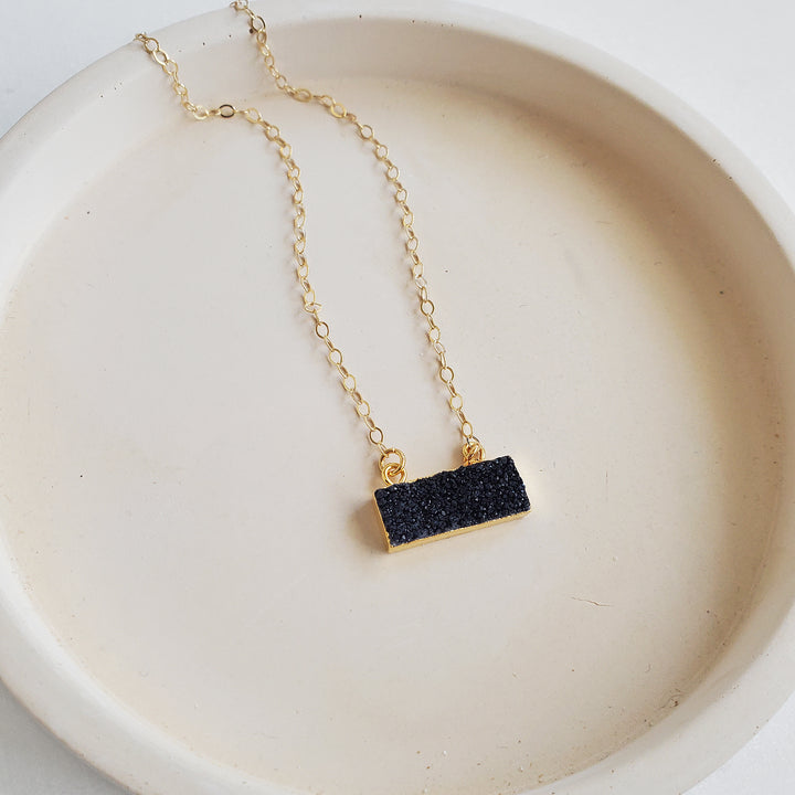 Black Druzy Bar Necklace in Gold