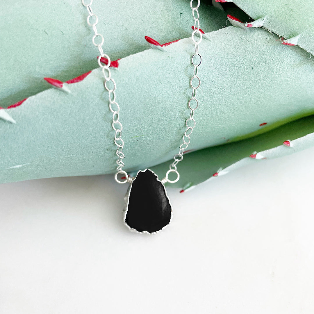 Black Onyx Gemstone Slice Necklace in Sterling Silver