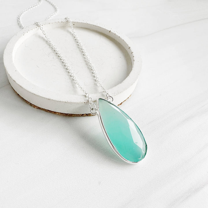 Aqua Chalcedony Bezel Teardrop Necklace in Silver or Gold