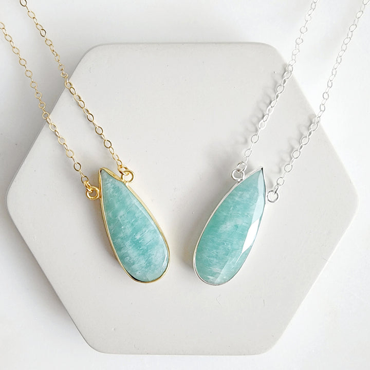 Long Amazonite Teardrop Bezel Stone Statement Necklace in Gold and Silver