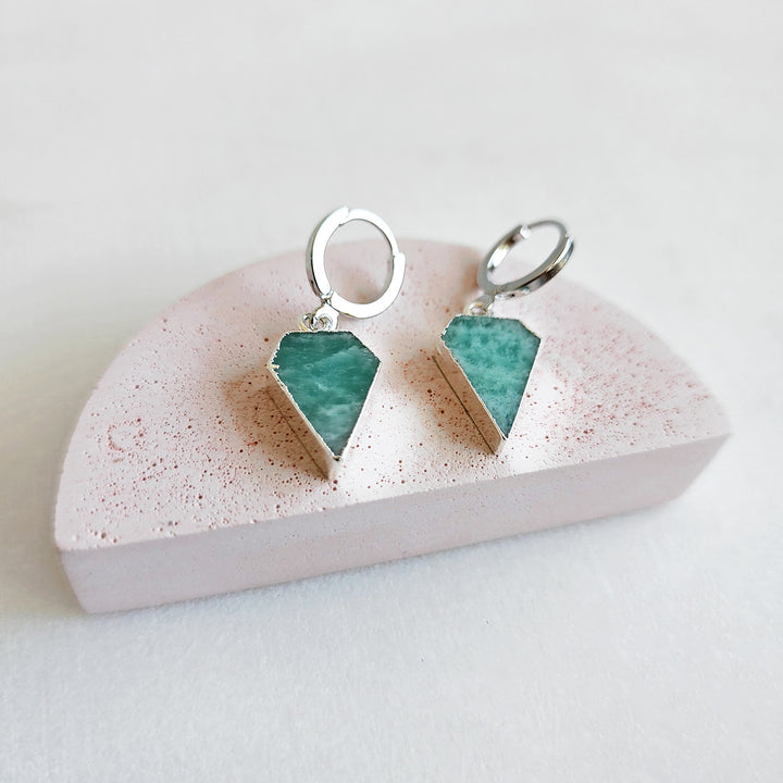 Dainty Amazonite Diamond Shield Dangle Earrings in Gold & Silver. Gemstone Drop Hoop Earrings. Simple Amazonite Earrings