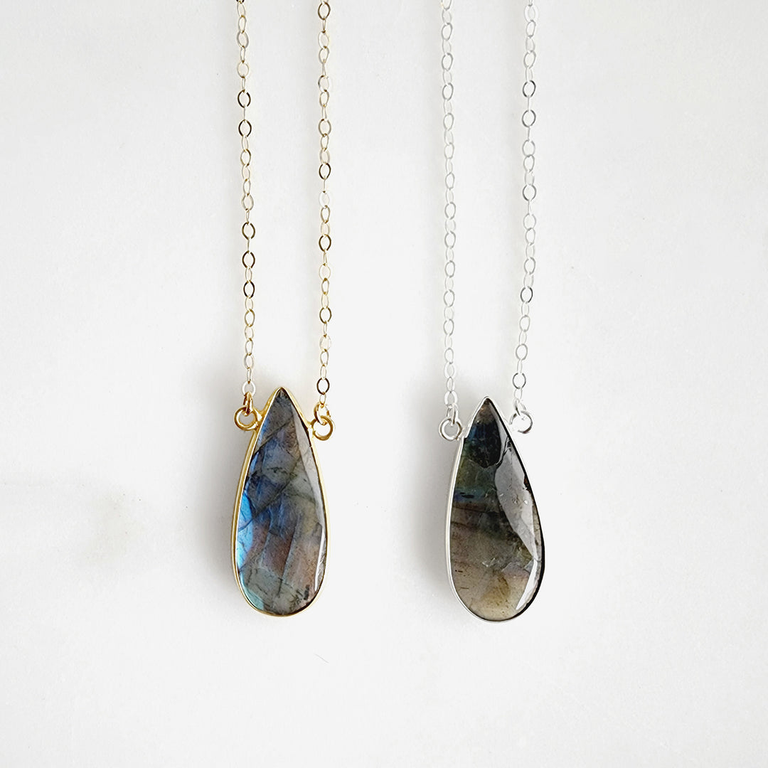 Long Labradorite Teardrop Bezel Stone Statement Necklace in Gold and Silver