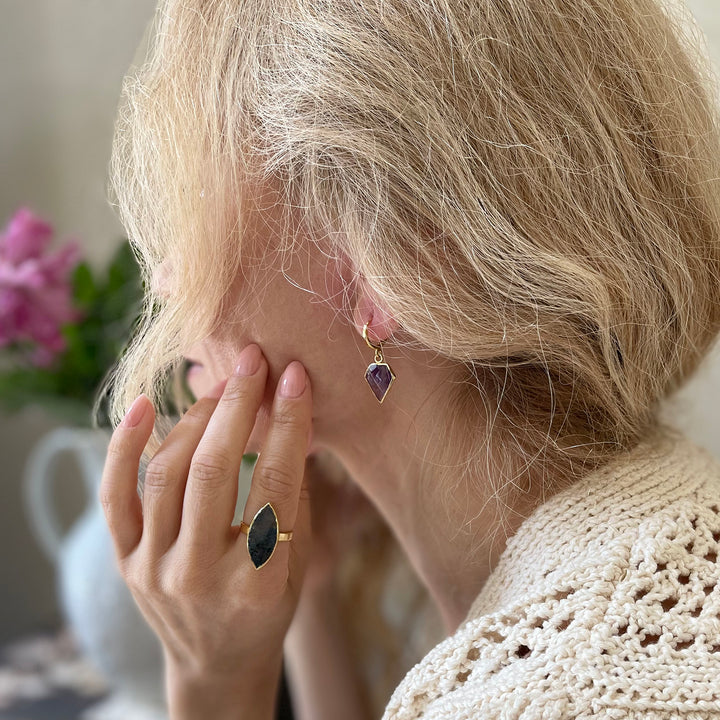 Dainty Amethyst Diamond Shield Hoop Earrings in Gold