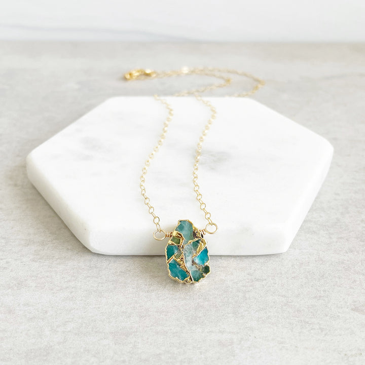 Freeform Teal Mojave Gemstone Slice Necklace in Gold and Silver