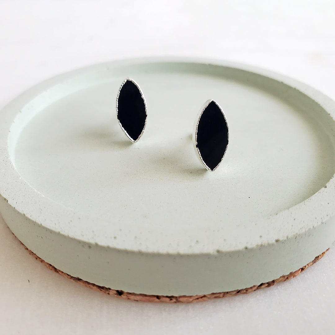 Marquise Stud Earrings. Black Onyx Stud Earrings in Silver