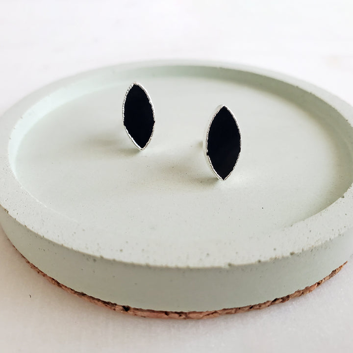 Marquise Stud Earrings. Black Onyx Stud Earrings in Silver